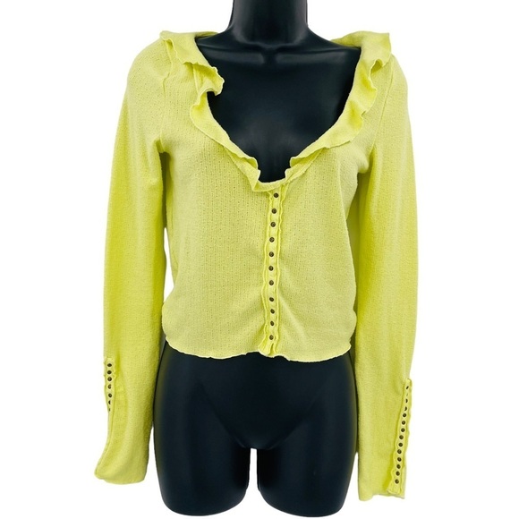 Free people deep v neck crop top ruffle button up lime green yellow size XS - Picture 1 of 8